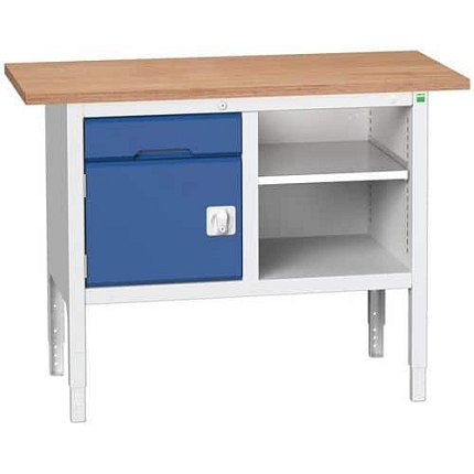 Dílenský stůl Bott Verso, výškově nastavitelný, 83-93 x 125 x 60 cm, multiplex, 1 zásuvka, 1 skříňka, 1 police, šedá-modrá