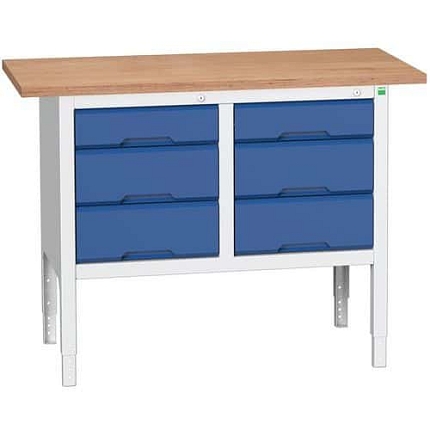 Dílenský stůl Bott Verso, výškově nastavitelný, 83-93 x 125 x 60 cm, multiplex, 6 zásuvek, šedá-modrá