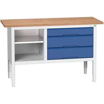 Dílenský stůl Bott Verso, výškově nastavitelný, 83-93 x 150 x 60 cm, multiplex, 3 zásuvky, 1 police, šedá-modrá