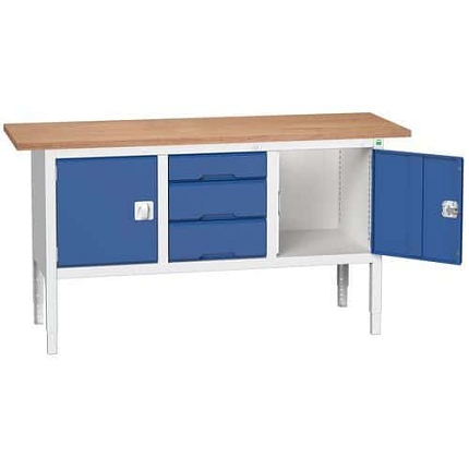Dílenský stůl Bott Verso, výškově nastavitelný, 83-93 x 175 x 60 cm, multiplex, 3 zásuvky, 2 skříňky, šedá-modrá