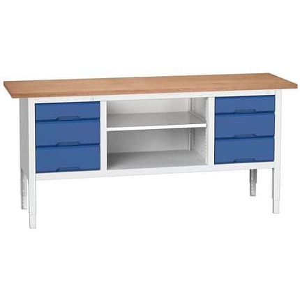 Dílenský stůl Bott Verso, výškově nastavitelný, 83-93 x 200 x 60 cm, multiplex, 6 zásuvek, 1 police, šedá-modrá