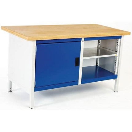 Dílenský stůl Bott Cubio Storage, 84 x 150 x 75 cm, 1 skříňka, otevřená část s policí, multiplex, šedá-modrá
