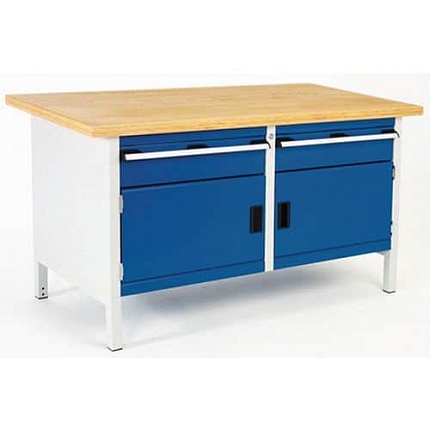 Dílenský stůl Bott Cubio Storage, 84 x 150 x 75 cm, 2 skříňky, 2 zásuvky, linoleum, šedá-modrá