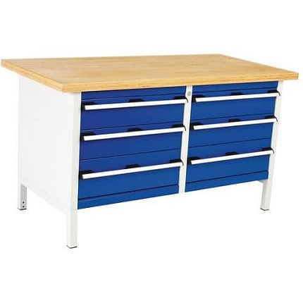 Dílenský stůl Bott Cubio Storage, 84 x 150 x 75 cm, 6 zásuvek, multiplex, šedá-modrá