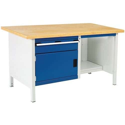 Dílenský stůl Bott Cubio Storage, 84 x 150 x 75 cm, 1 skříňka, 1 zásuvka, police, multiplex, šedá-modrá