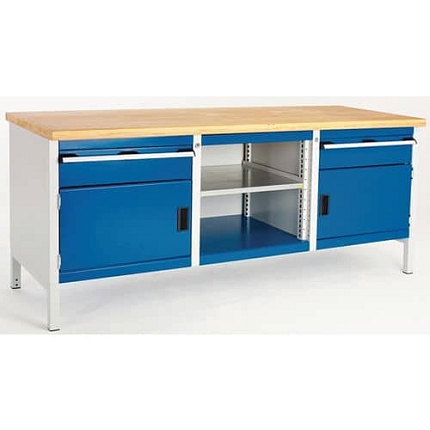 Dílenský stůl Bott Cubio Storage, 84 x 200 x 75 cm, 2 skříňky, 2 zásuvky, otevřený prostor s policí, linoleum, šedá-modrá