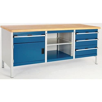 Dílenský stůl Bott Cubio Storage, 84 x 200 x 75 cm, 1 skříňky, 4 zásuvky, otevřený prostor s policí, linoleum, šedá-modrá