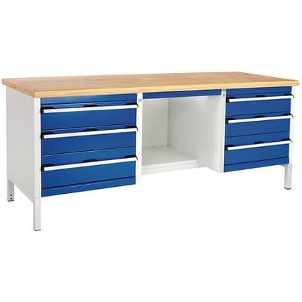 Dílenský stůl Bott Cubio Storage, 84 x 200 x 75 cm, 6 zásuvek, police, multiplex, šedá-modrá