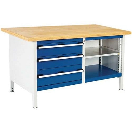 Dílenský stůl Bott Cubio Storage, 84 x 150 x 75 cm, 3 zásuvky, otevřený prostor s policí, multiplex, šedá-modrá