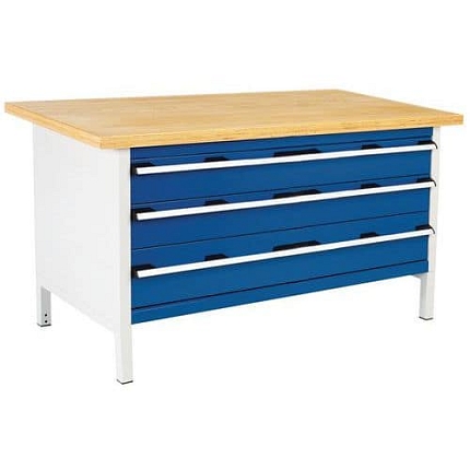 Dílenský stůl Bott Cubio Storage, 84 x 150 x 75 cm, 3 zásuvky, multiplex, šedá-modrá