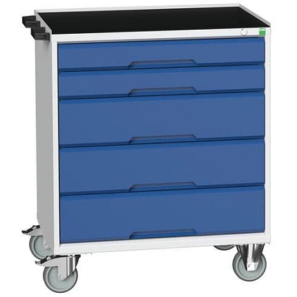 Mobilní pracovní stůl se zásuvkami Bott Verso, 96,5 x 80 x 55 cm, 5 zásuvek, rohož, šedá-modrá