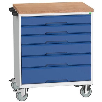 Mobilní pracovní stůl se zásuvkami Bott Verso, 98 x 80 x 60 cm, 6 zásuvek, rohož, šedá-modrá