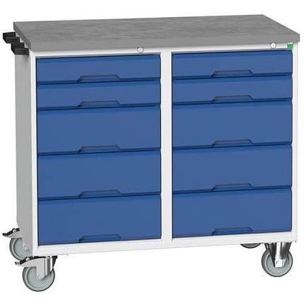 Údržový zásuvkový vozík Bott Verso, 98 x 105 x 60 cm, 10 zásuvek, linoleum, šedá-modrá
