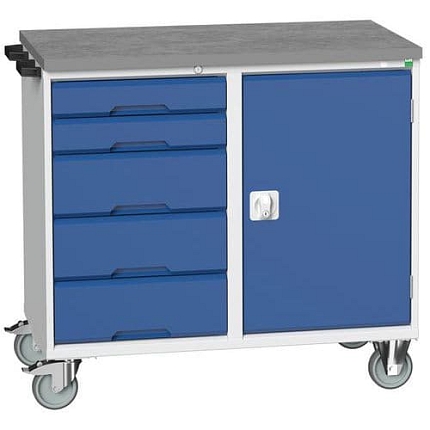 Údržový zásuvkový vozík Bott Verso, 98 x 105 x 60 cm, 5 zásuvek, skříňka, linoleum, šedá-modrá