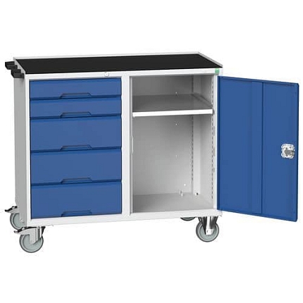 Údržový zásuvkový vozík Bott Verso, 96,5 x 105 x 55 cm, 5 zásuvek, skříňka, rohož, šedá-modrá