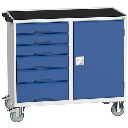 Údržový zásuvkový vozík Bott Verso, 96,5 x 105 x 55 cm, 6 zásuvek, skříňka, rohož, šedá-modrá