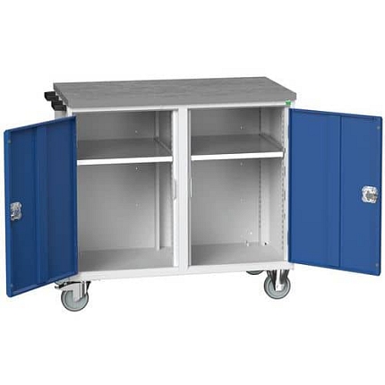 Údržový zásuvkový vozík Bott Verso, 98 x 105 x 60 cm, 2 skříňky, linoleum, šedá-modrá