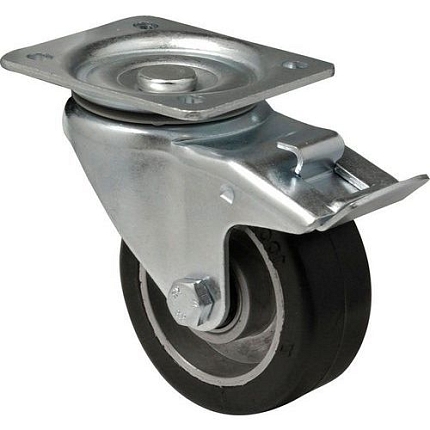 Gumové transportní kolo s přírubou, průměr 125 mm, otočné s brzdou, kuličková ložiska