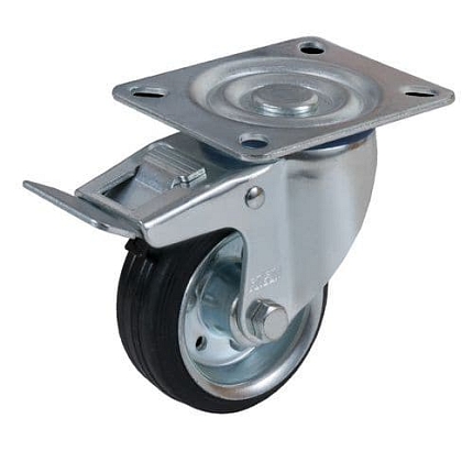 Gumové transportní kolo s přírubou, průměr 80 mm, otočné s brzdou, válečková ložiska