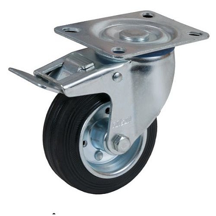 Gumové transportní kolo s přírubou, průměr 100 mm, otočné s brzdou, válečková ložiska