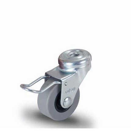 Gumové termoplastické transportní kolo se středovým otvorem, průměr 30 mm, otočné s brzdou, kluzná ložiska