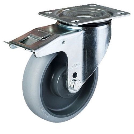 TPE transportní kolo s přírubou, průměr 160 mm, otočné s brzdou, kuličková ložiska