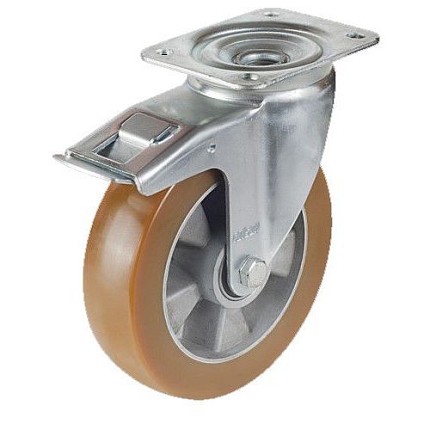 Polyuretanové transportní kolo s přírubou, průměr 160 mm, otočné s brzdou, kuličková ložiska