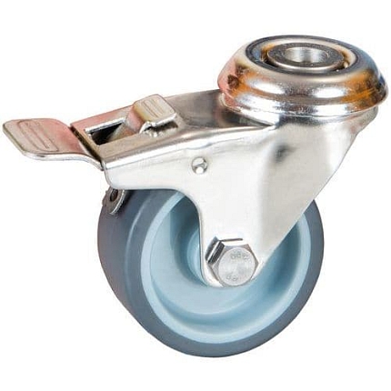 Gumové transportní kolo se středovým otvorem, průměr 50 mm, otočné s brzdou, kluzné ložisko