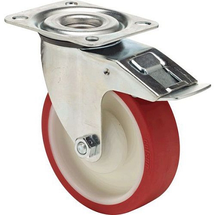 Polyuretanové transportní kolo s přírubou, průměr 100 mm, otočné s brzdou, kuličková ložiska