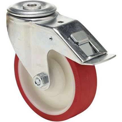 Polyuretanové transportní kolo se středovým otvorem, průměr 125 mm, otočné s brzdou, kuličková ložiska