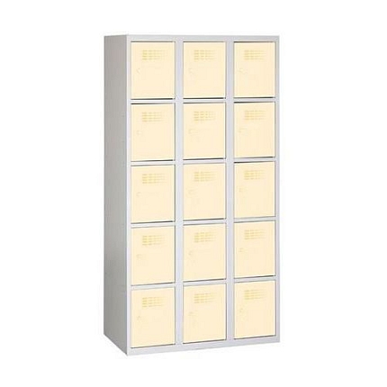 Svařovaná šatní skříň Eric odlehčená, 15 boxů, cylindrický zámek, šedá/béžová