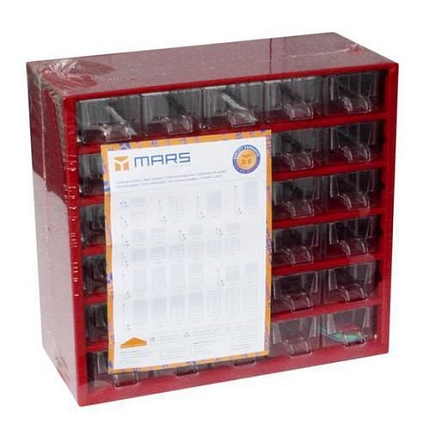 Kovový organizér, 30 zásuvek, červený