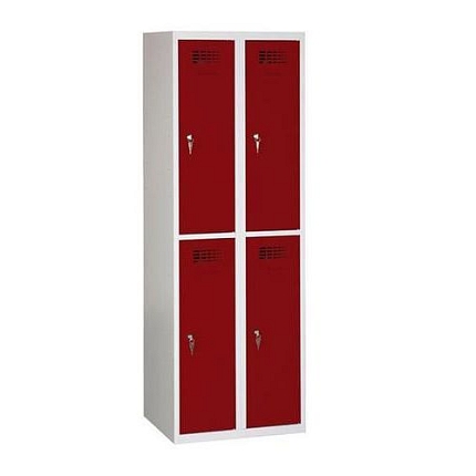 Svařovaná šatní skříň Rafael odlehčená, 4 oddíly, cylindrický zámek, šedá/tmavě červená