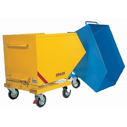 Pojízdný výklopný kontejner se sítem a výpustným kohoutem, s kapsami na vysokozdvižný vozík, objem 400 l, modrý