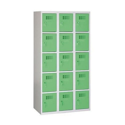 Svařovaná šatní skříň Eric odlehčená, 15 boxů, cylindrický zámek, šedá/zelená