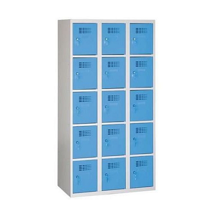 Svařovaná šatní skříň Eric odlehčená, 15 boxů, cylindrický zámek, šedá/sv. modrá