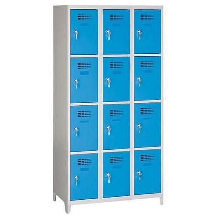 Svařovaná šatní skříň Eric odlehčená, 12 boxů, na nožkách, cylindrický zámek, šedá/sv.modrá