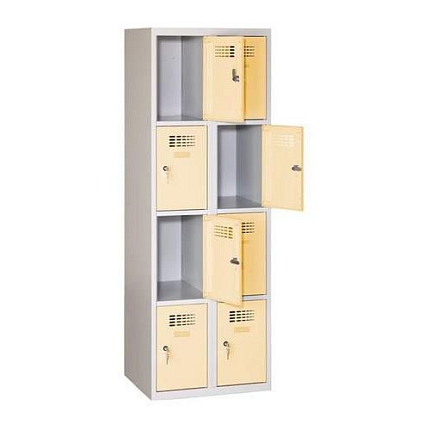 Svařovaná šatní skříň Eric odlehčená, 8 boxů, cylindrický zámek, šedá/béžová