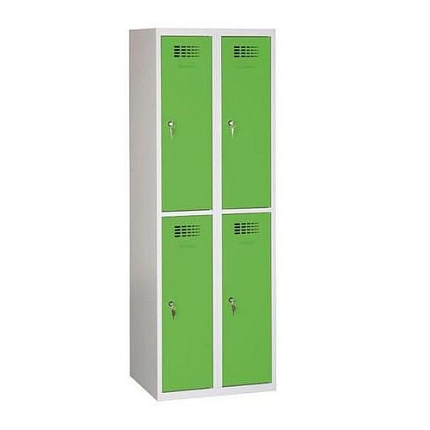 Svařovaná šatní skříň Rafael odlehčená, 4 oddíly, cylindrický zámek, šedá/zelená
