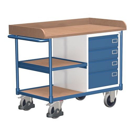 Dílenský vozík s policí a 4 zásuvkami, 95,5 x 122 x 64 cm, modrý