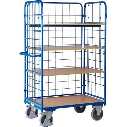 Vysoký policový vozík s madlem a mřížovými bočnicemi, do 500 kg, 4 police, 182 x 119 x 72,5 cm, modrý