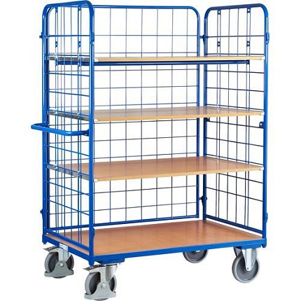 Vysoký policový vozík s madlem a mřížovými bočnicemi, do 500 kg, 4 police, 182 x 139 x 82,5 cm, modrý