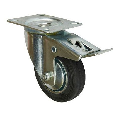 Gumové transportní kolo s přírubou, průměr 100 mm, otočné s brzdou, valivé ložisko