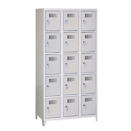 Svařovaná šatní skříň Eric odlehčená, 15 boxů, na nožkách, cylindrický zámek, šedá/šedá