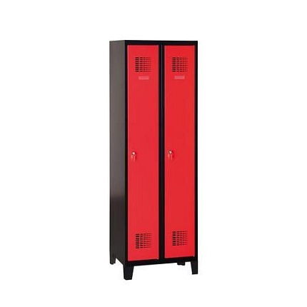 Svařovaná šatní skříň Patrick na nohách, 2 oddíly, cylindrický zámek, černá/červená