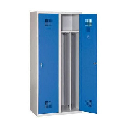 Svařovaná šatní skříň s mezistěnou Drake odlehčená, 2 oddíly, otočný uzávěr, šedá/modrá