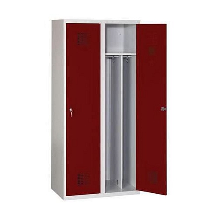 Svařovaná šatní skříň s mezistěnou Drake odlehčená, 2 oddíly, otočný uzávěr, šedá/tmavě červená