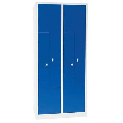 Kovová šatní skříň, dveře Z - Manutan Expert,  4 oddíly, otočný uzávěr, šedá/modrá