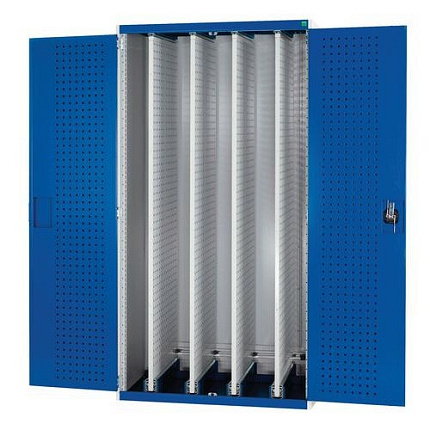 Dílenská skříň Bott Cubio s výsuvnými perfopanely, 200 x 105 x 65 cm, plné dveře, šedá-modrá