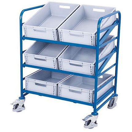 Policový vozík Euro s přepravkami a šikmými policemi, 3 police, 93,5 x 66,5 x 112,5 cm, modrý